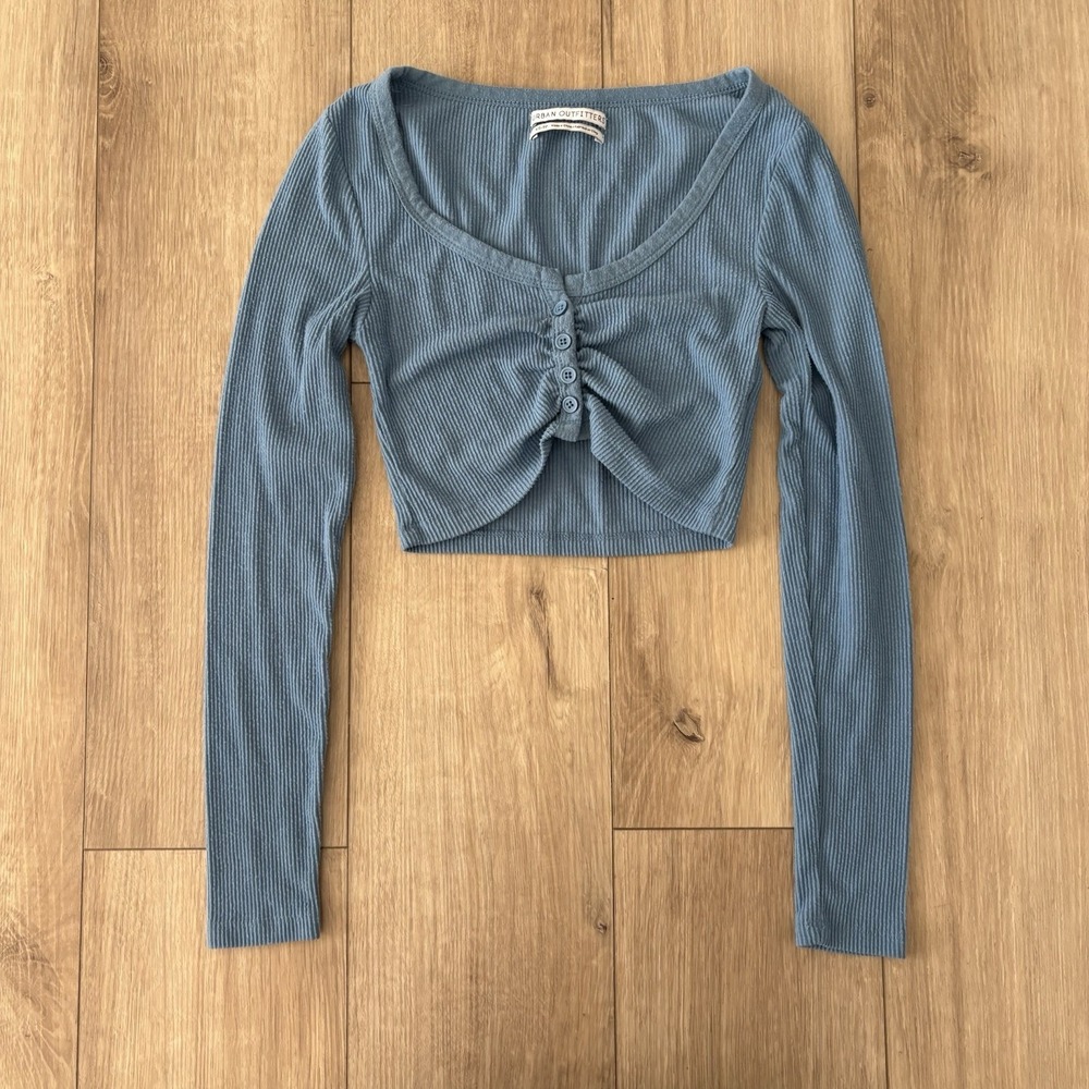 Urban Outfitters‎ Blue Ribbed Cropped Ruched Button Top XS Long Sleeve